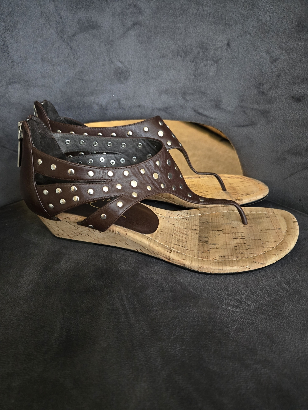 Donald J. Pliner Brown Studded Cork Wedge Thong Sandals